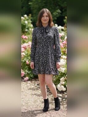 Scoop Womens Black/White Floral High Neck Tie Puff Sleeve Mini Dress XS SC018728
